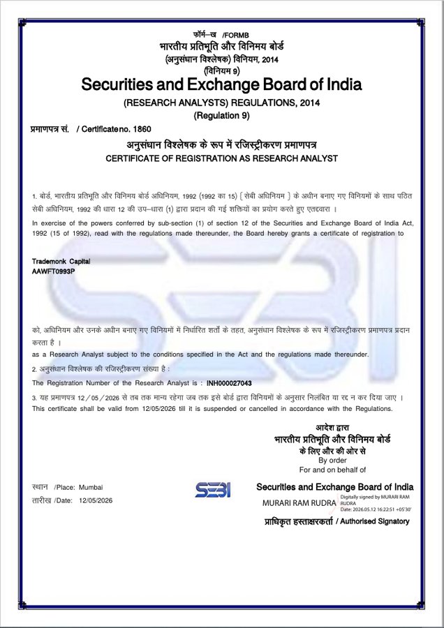 SEBI Certificate of Registration as Research Analyst issued to Trademonk Capital, registration number INH000027043